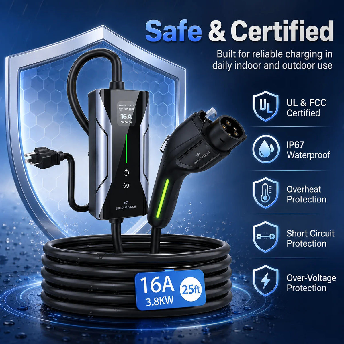 Dreamdash 16A Level 1&2 Portable EV Charger SAE J1772 NEMA 6-20P 25FT ETL Cable with NEMA 5-15P Adapter, Adjustable Current, Delay Timer, UL FCC Certified IP67 Waterproof