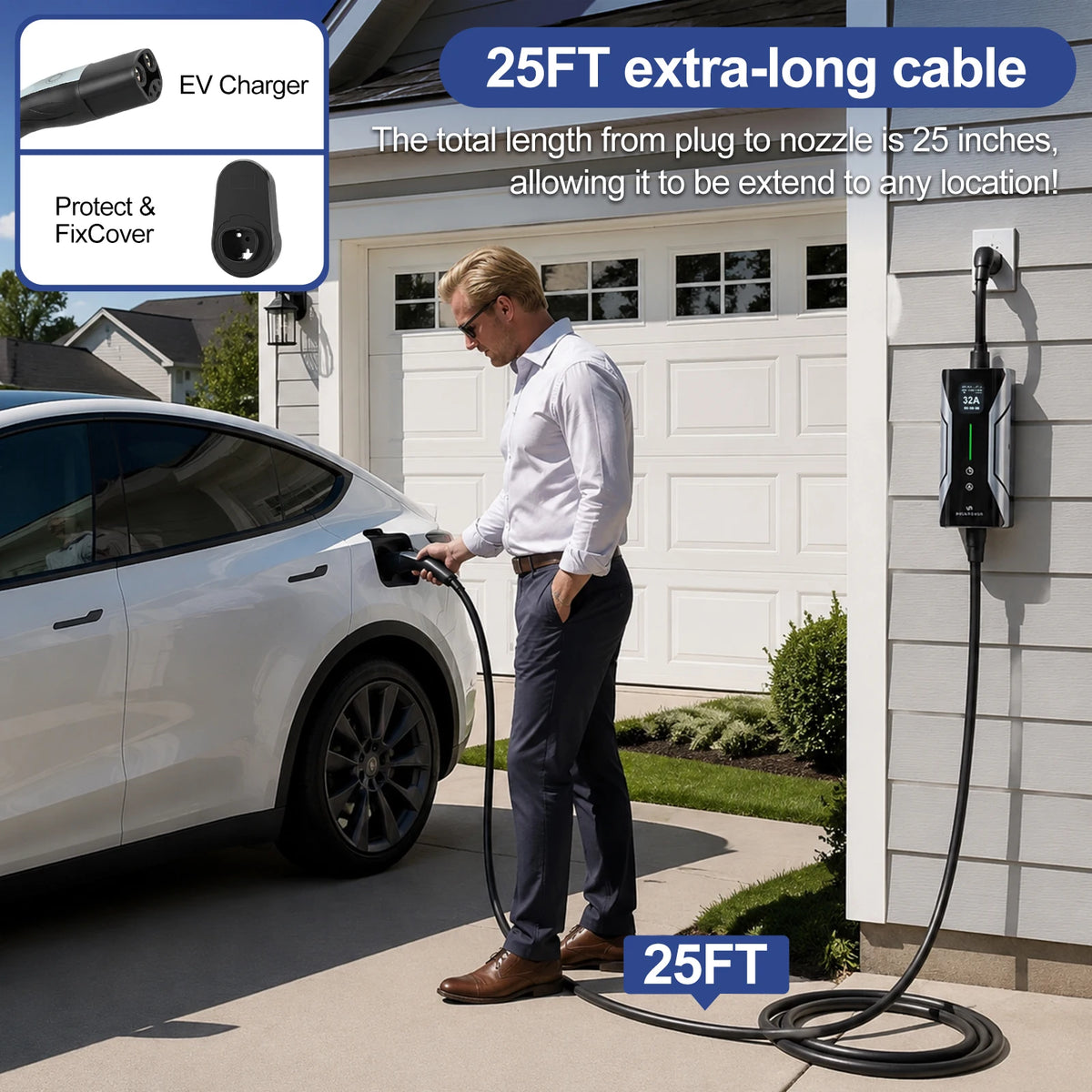 DREAMDASH 32A Level 2 Portable Tesla EV Charger 7.68kW NACS Connector NEMA 14-50 Plug with 5-15 Adapter 25ft ETL Cable Adjustable Current Timing Delay IP67 Waterproof US Stock