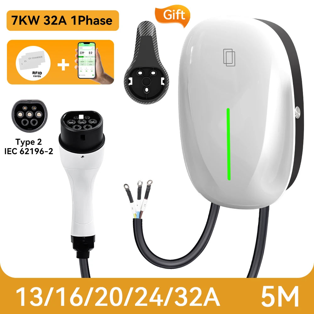 JDMEX Type2 EV Charging Station 7KW 32A 1Phase Fast Charging TYPE1 GBT Car Charger EVSE Wallbox Charger 5Mfor Electric Vehicle