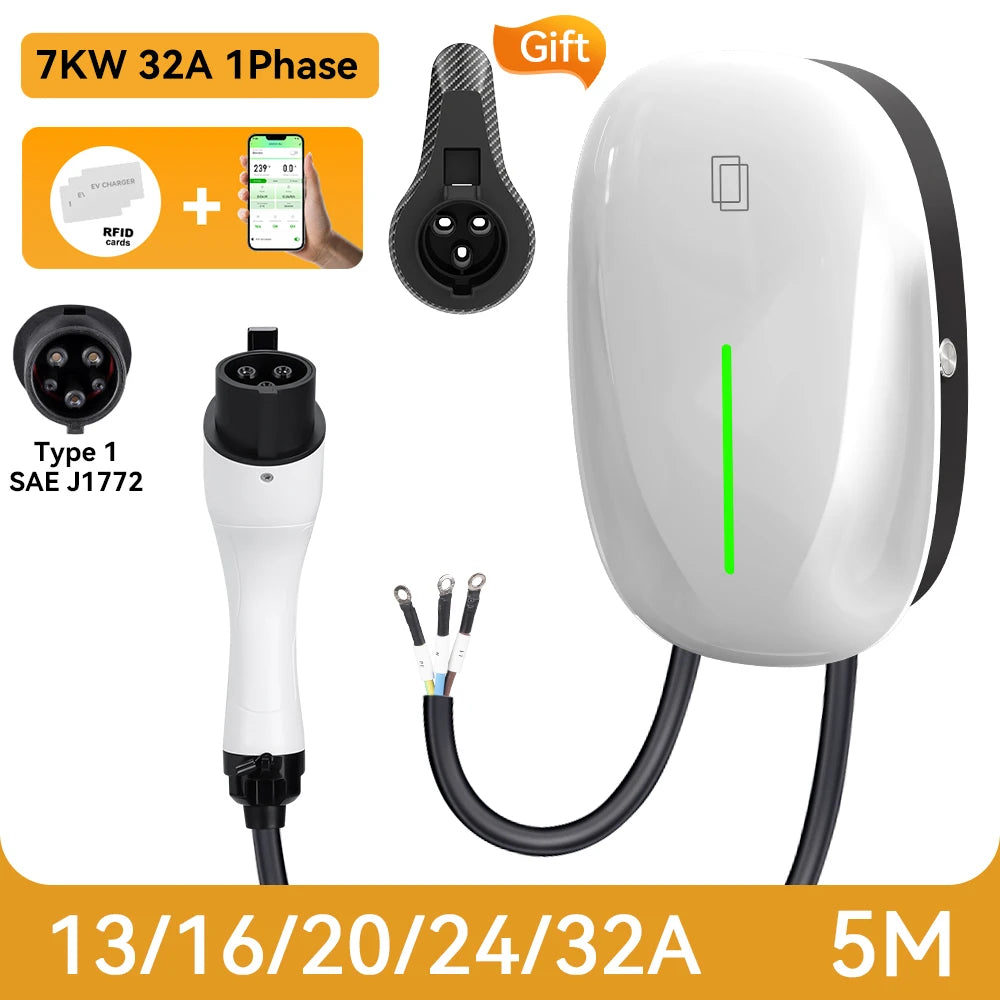JDMEX Type2 EV Charging Station 7KW 32A 1Phase Fast Charging TYPE1 GBT Car Charger EVSE Wallbox Charger 5Mfor Electric Vehicle