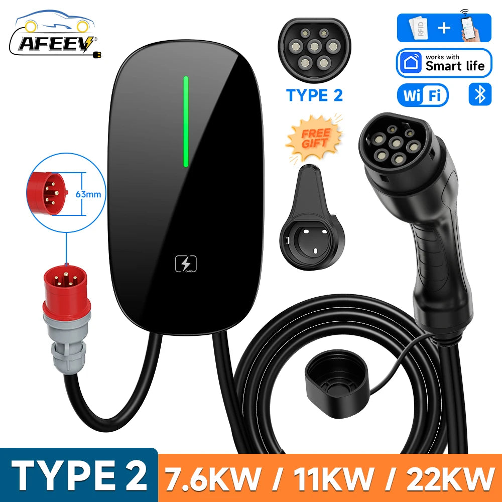 AFEEV Smart Type 2 EV Charger Wallbox – 7.6kW / 11kW / 22kW – WiFi, RFID, 5m Cable