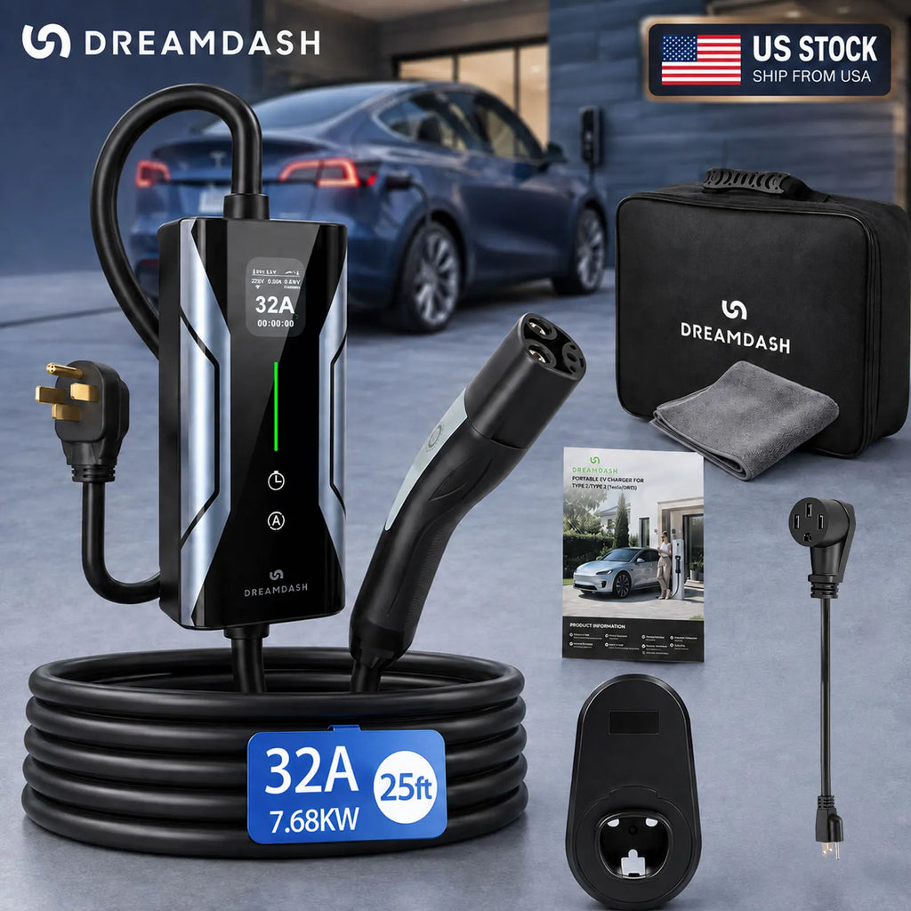 DREAMDASH 32A Level 2 Portable Tesla EV Charger 7.68kW NACS Connector NEMA 14-50 Plug with 5-15 Adapter 25ft ETL Cable Adjustable Current Timing Delay IP67 Waterproof US Stock