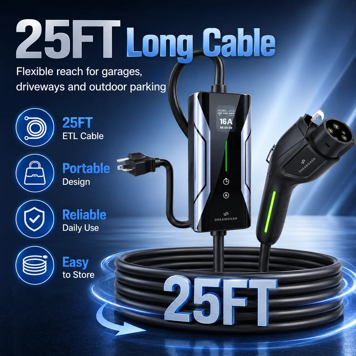 Dreamdash 16A Level 1&2 Portable EV Charger SAE J1772 NEMA 6-20P 25FT ETL Cable with NEMA 5-15P Adapter, Adjustable Current, Delay Timer, UL FCC Certified IP67 Waterproof