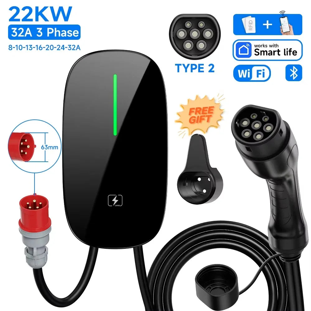 AFEEV Smart Type 2 EV Charger Wallbox – 7.6kW / 11kW / 22kW – WiFi, RFID, 5m Cable