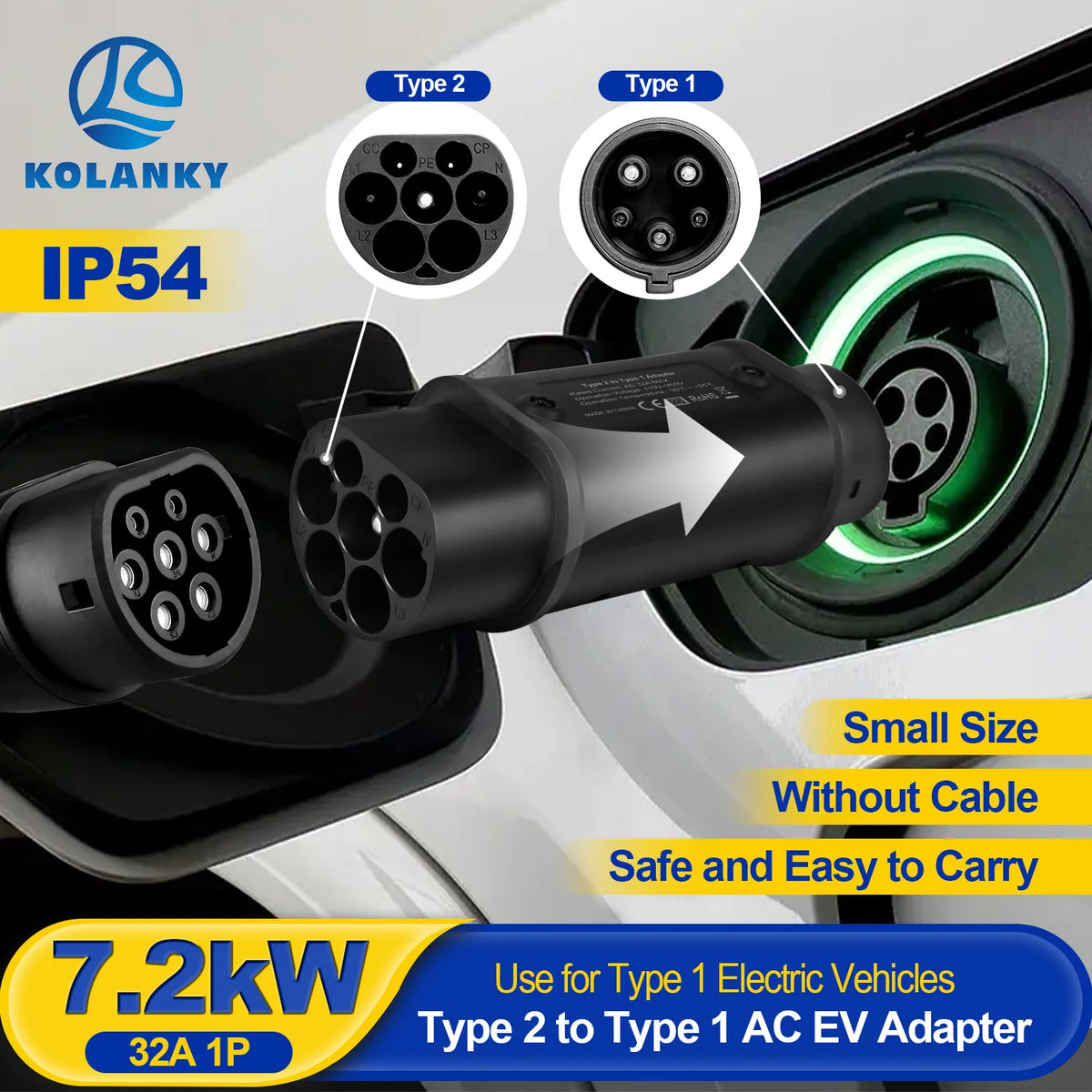 Kolanky Type2 To Type1 EV Charger Adapter Converter IEC 62196 16A 32A J1772 For Electric Vehicle Charging Connector