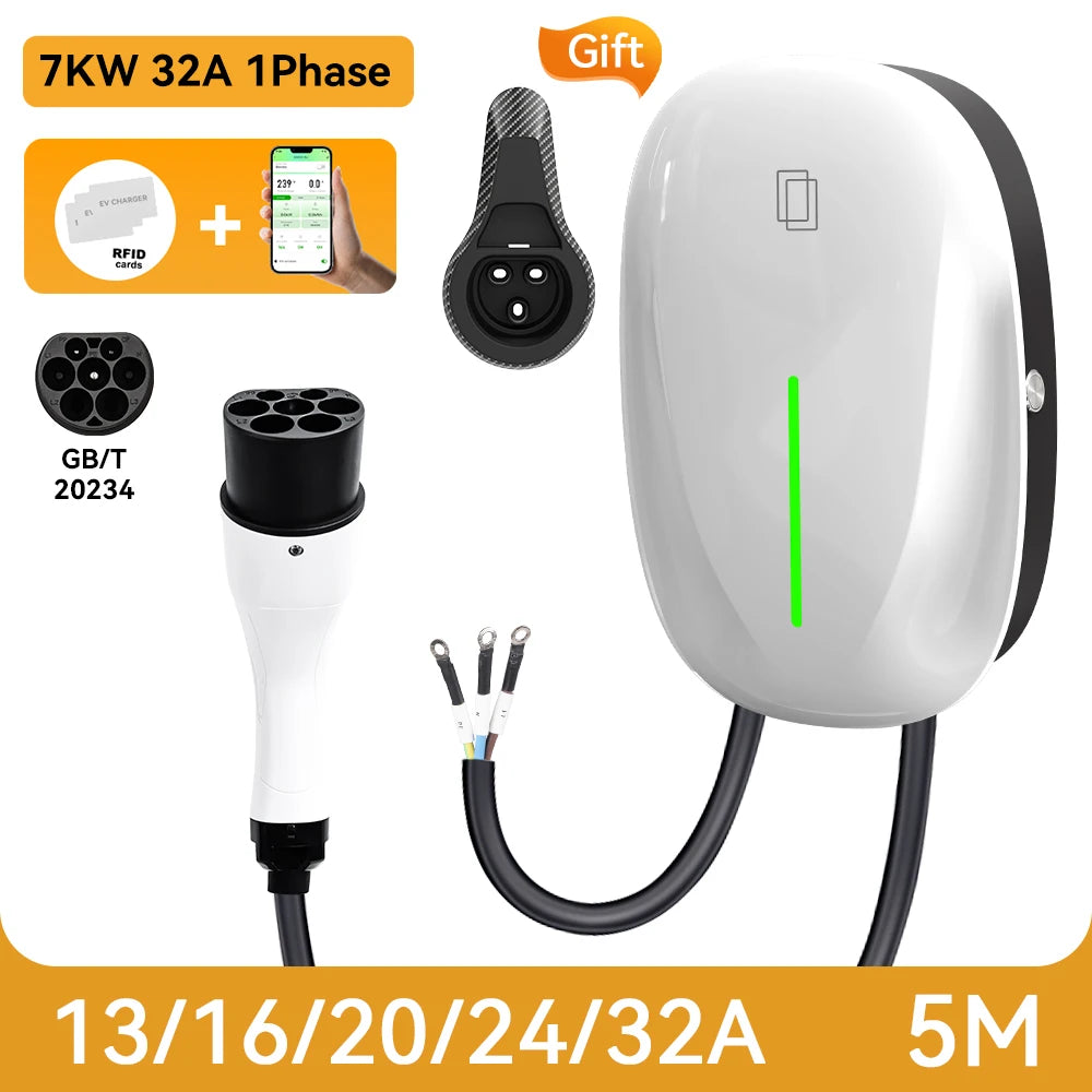 JDMEX Type2 EV Charging Station 7KW 32A 1Phase Fast Charging TYPE1 GBT Car Charger EVSE Wallbox Charger 5Mfor Electric Vehicle