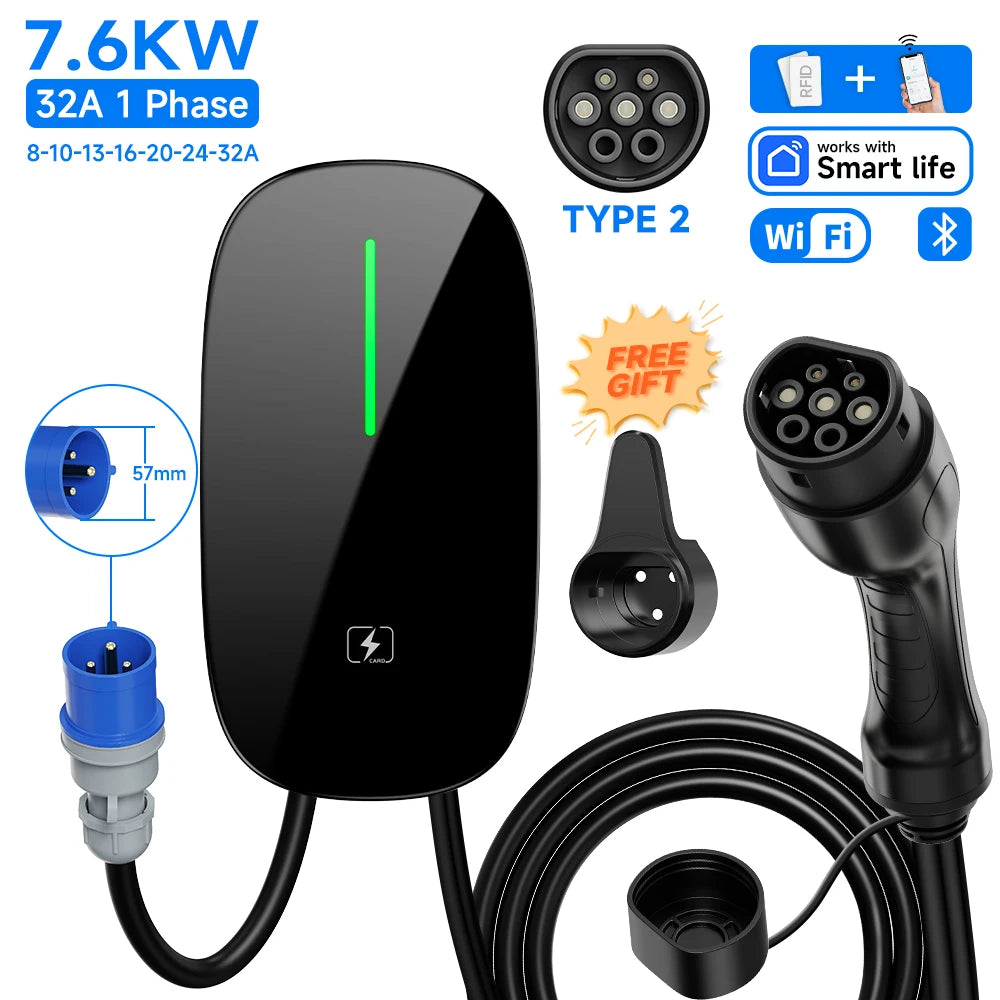 AFEEV Smart Type 2 EV Charger Wallbox – 7.6kW / 11kW / 22kW – WiFi, RFID, 5m Cable
