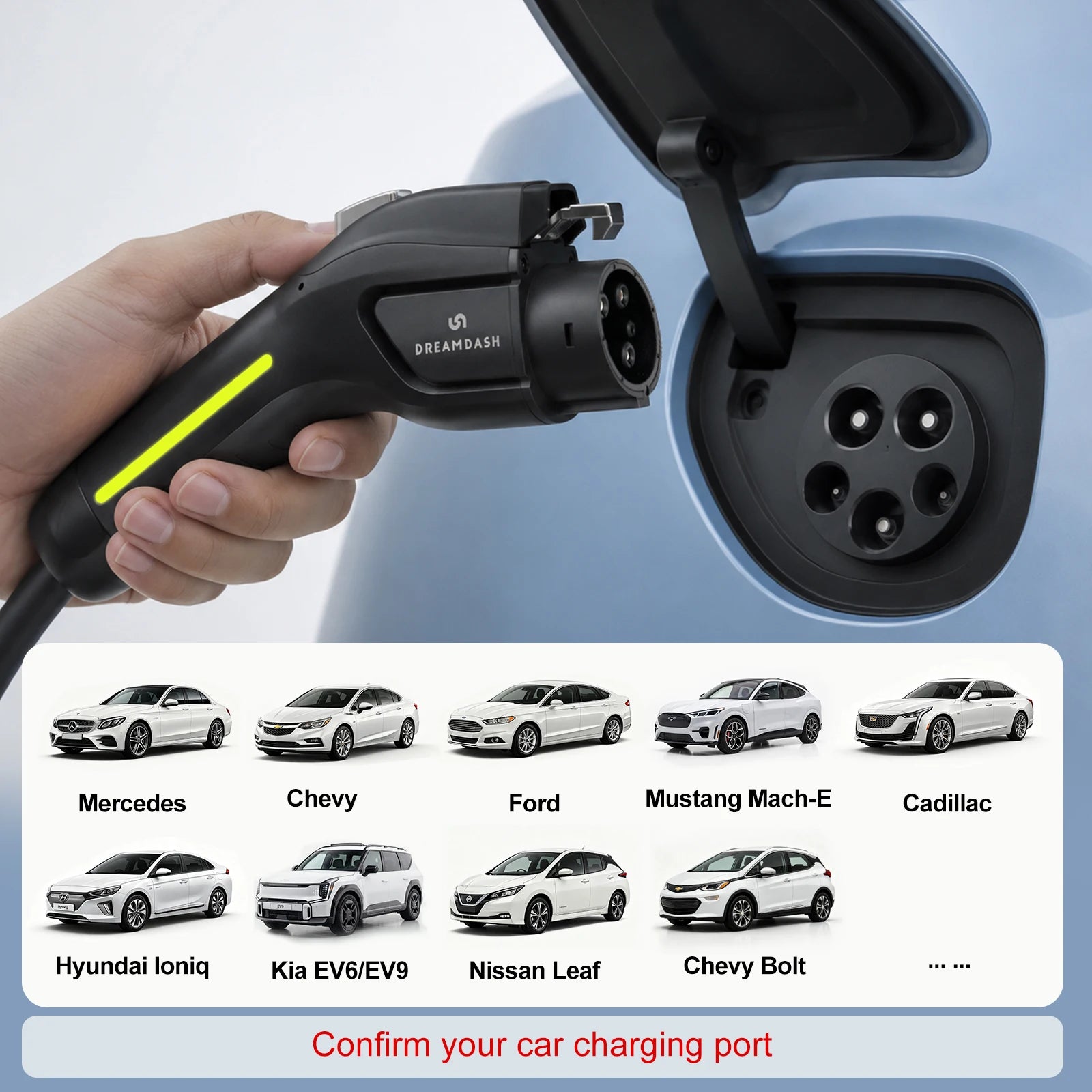 Dreamdash 16A Level 1&2 Portable EV Charger SAE J1772 NEMA 6-20P 25FT ETL Cable with NEMA 5-15P Adapter, Adjustable Current, Delay Timer, UL FCC Certified IP67 Waterproof
