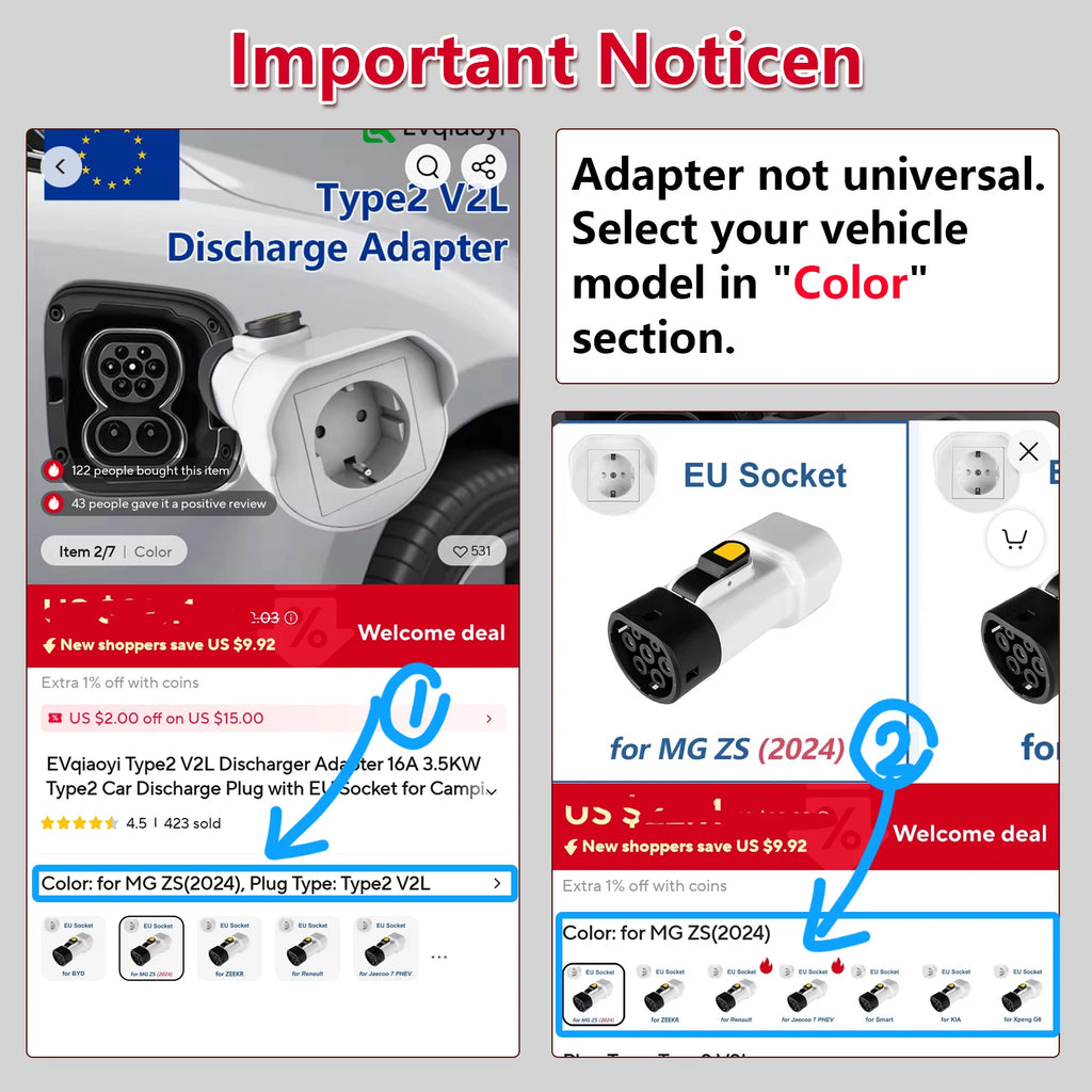 EVqiaoyi Type2 V2L Discharger Adapter 16A 3.5KW Type2 Car Discharge Plug with EU Socket for Camping, BYD Jaecoo MG Renault