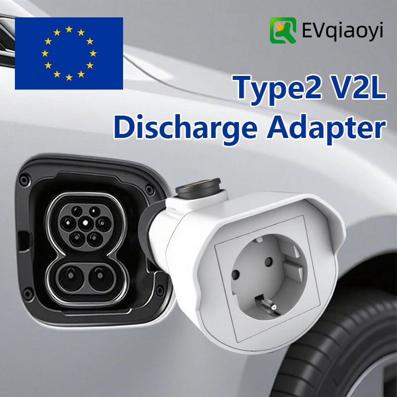 EVqiaoyi Type2 V2L Discharger Adapter 16A 3.5KW Type2 Car Discharge Plug with EU Socket for Camping, BYD Jaecoo MG Renault