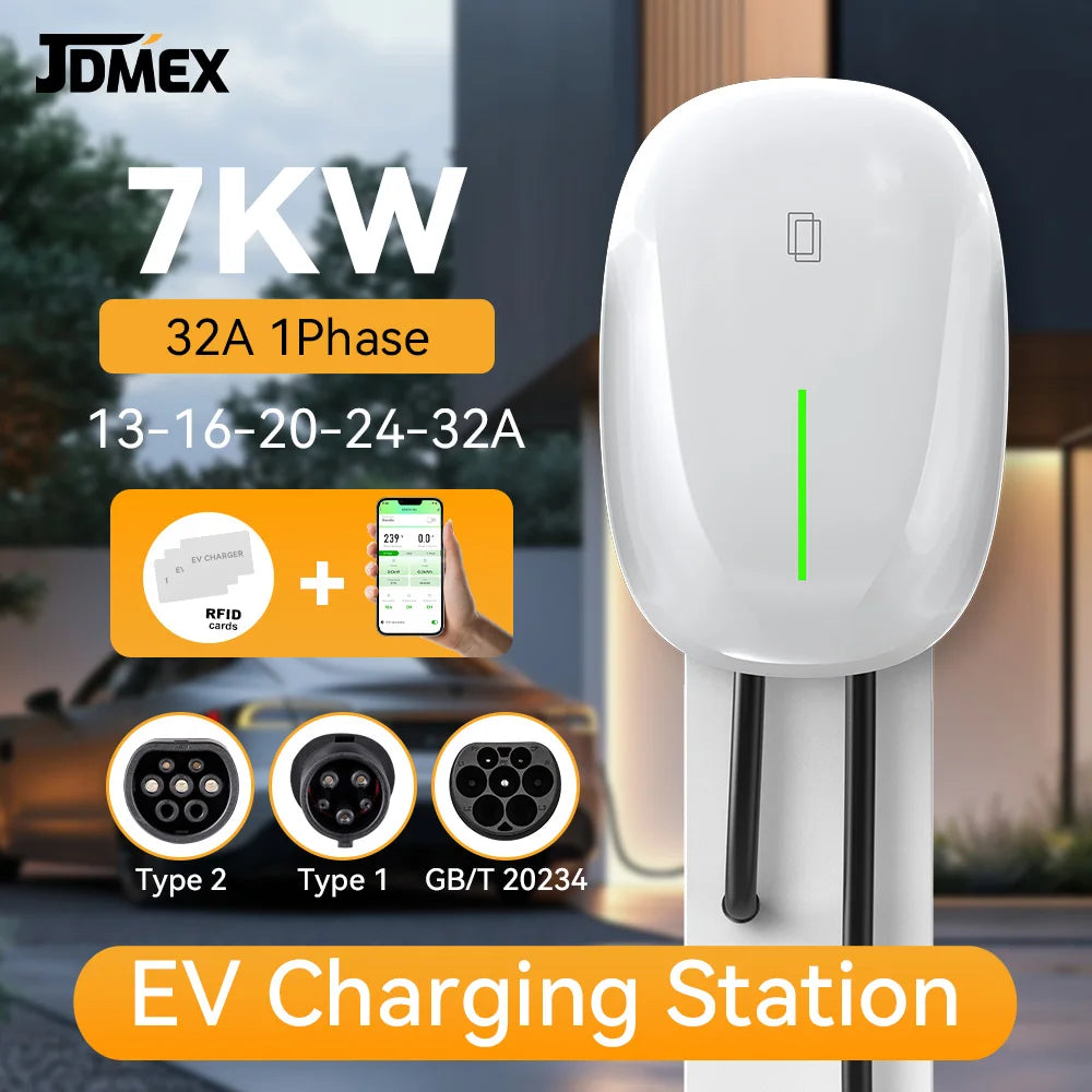 JDMEX Type2 EV Charging Station 7KW 32A 1Phase Fast Charging TYPE1 GBT Car Charger EVSE Wallbox Charger 5Mfor Electric Vehicle