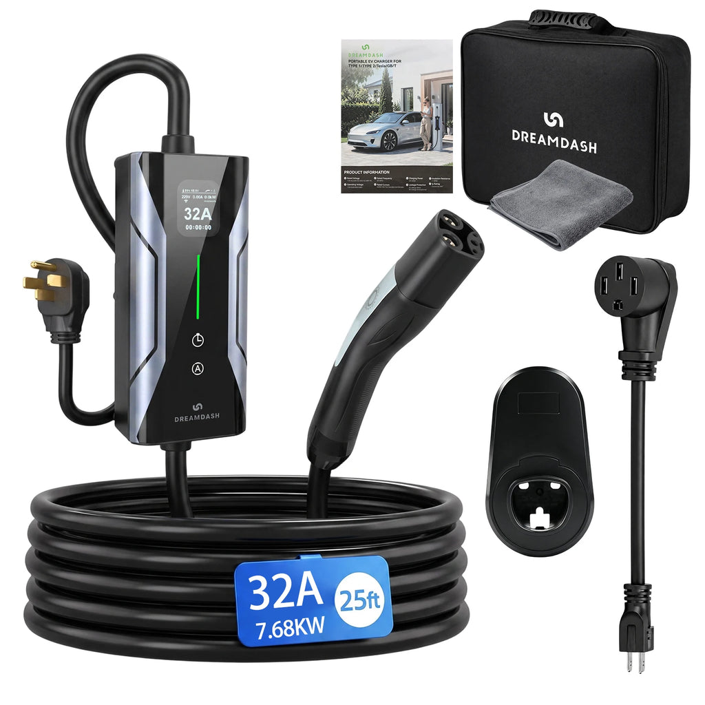 DREAMDASH 32A Level 2 Portable Tesla EV Charger 7.68kW NACS Connector NEMA 14-50 Plug with 5-15 Adapter 25ft ETL Cable Adjustable Current Timing Delay IP67 Waterproof US Stock