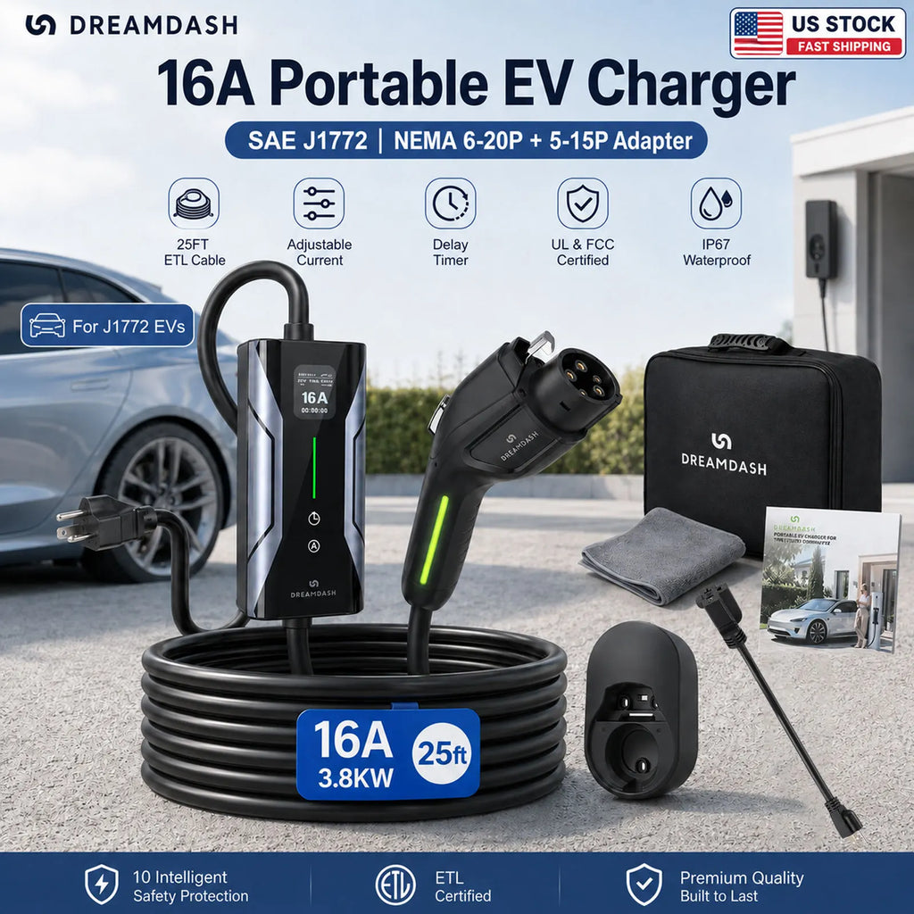 Dreamdash 16A Level 1&2 Portable EV Charger SAE J1772 NEMA 6-20P 25FT ETL Cable with NEMA 5-15P Adapter, Adjustable Current, Delay Timer, UL FCC Certified IP67 Waterproof