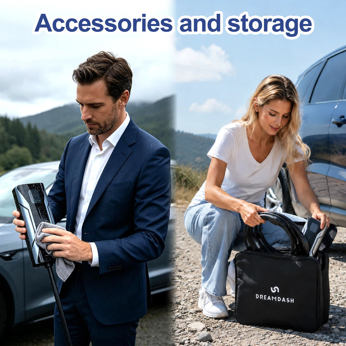 Dreamdash 16A Level 1&2 Portable EV Charger SAE J1772 NEMA 6-20P 25FT ETL Cable with NEMA 5-15P Adapter, Adjustable Current, Delay Timer, UL FCC Certified IP67 Waterproof