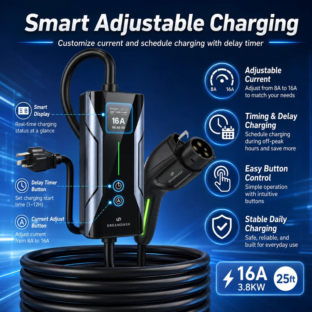 Dreamdash 16A Level 1&2 Portable EV Charger SAE J1772 NEMA 6-20P 25FT ETL Cable with NEMA 5-15P Adapter, Adjustable Current, Delay Timer, UL FCC Certified IP67 Waterproof