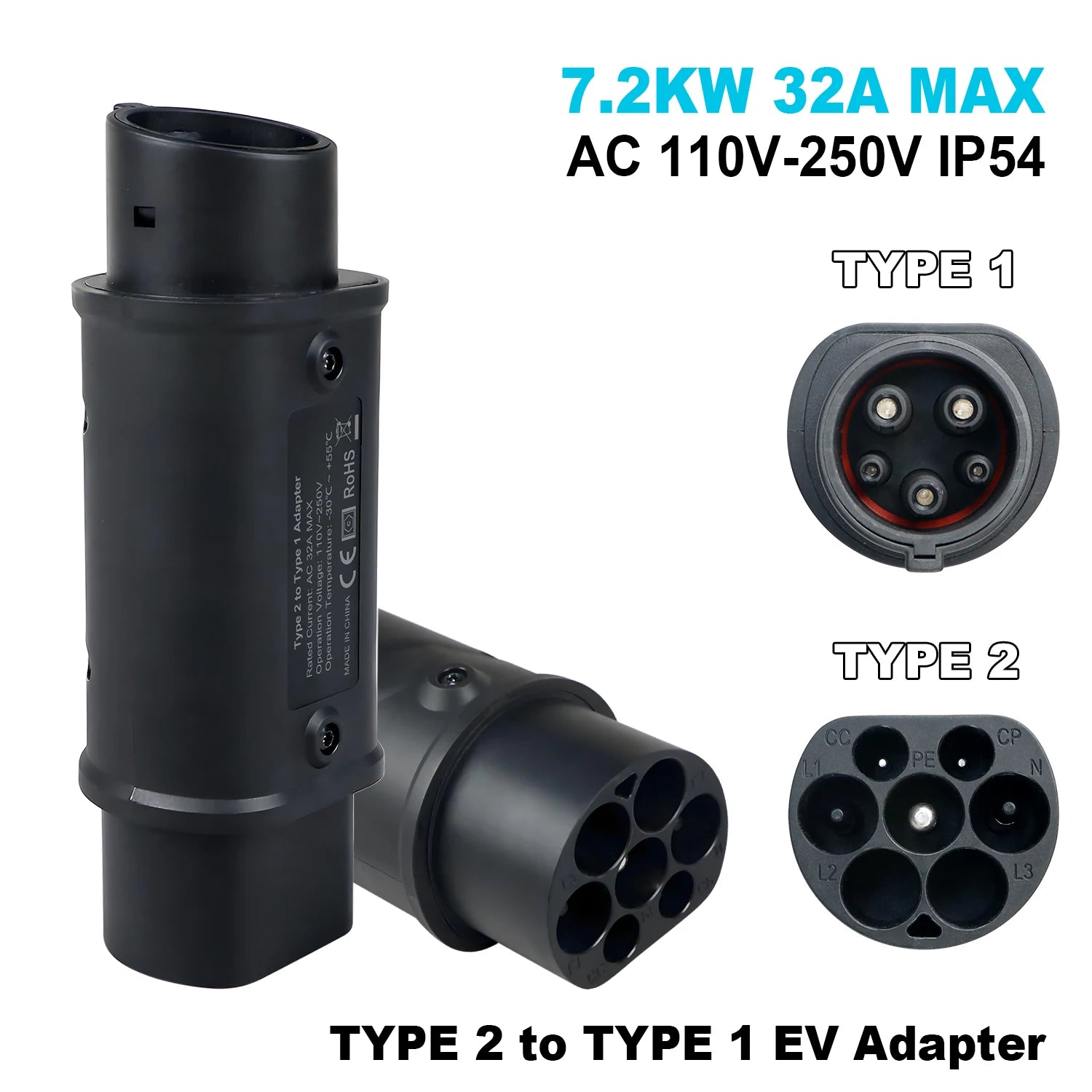 Kolanky Type2 To Type1 EV Charger Adapter Converter IEC 62196 16A 32A J1772 For Electric Vehicle Charging Connector