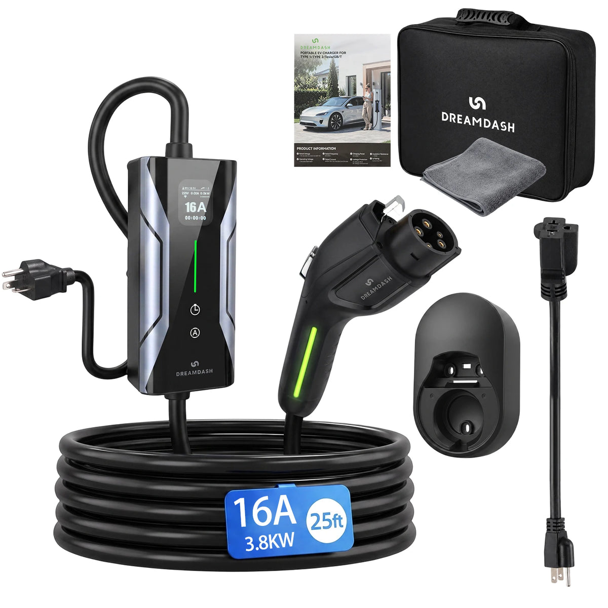 Dreamdash 16A Level 1&2 Portable EV Charger SAE J1772 NEMA 6-20P 25FT ETL Cable with NEMA 5-15P Adapter, Adjustable Current, Delay Timer, UL FCC Certified IP67 Waterproof